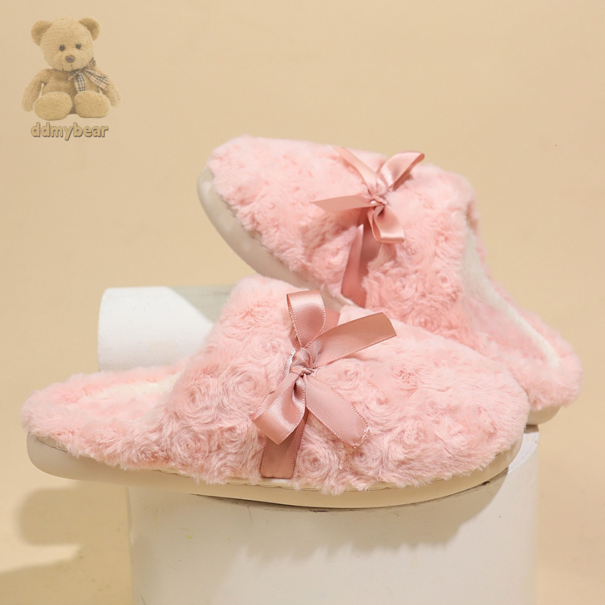 Ddmybear Rose Velvet Butterfly Knot Hairy Are Versatile And Suitable For Home Warmth. Cotton Slippers With Thick Winter Thickness Chinese Brand Shoes 