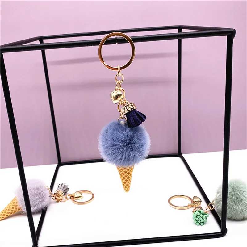 New Ice Cream Fluffy Ball Keychain Ring Pompon Pendant Keychain Cute Cartoon Keychain Cone Suspended Car GiftsX241008