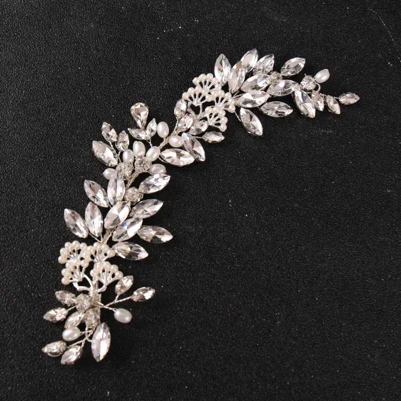 Silver Crystal Pearl Leaf Headband Hairband Female Bride Wedding Hair Accessories Jewelry Vine Headband W241007