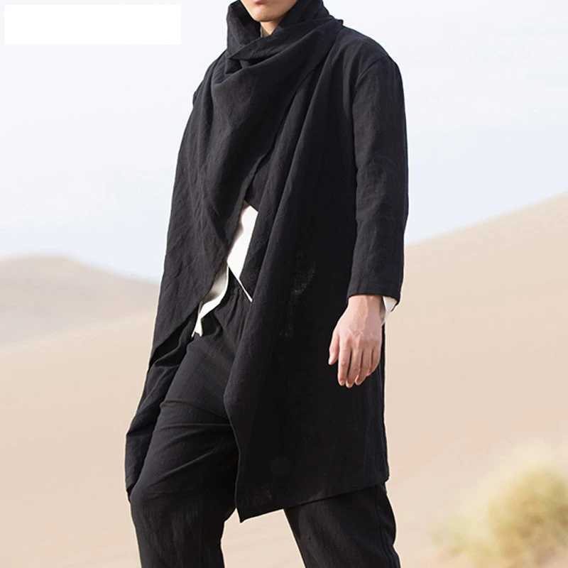 Mens retro jacket trench windproof casual pure cotton solid color scarf collar irregular long sleeved cape loose fashion new W241007