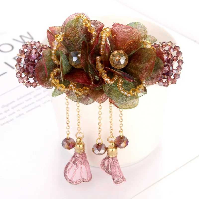 Fashionable and elegant linen flower tassel hairpin female hairpin retro back spoon spring clip crystal headdress jewelry gifts W241007