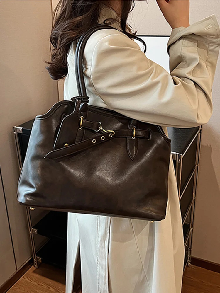 Vintage Brown Lady Handbags Textured PU Leather Fashion Shoulder Bag Autumn Winter Women Underarm Bags 240924