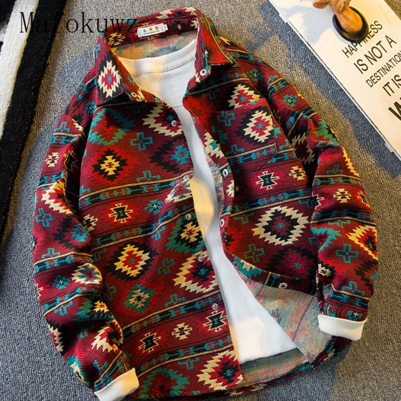 Autumn vintage embroidery woven long sleeved mens ethnic style loose casual high street shirt jacket mens clothing 241008