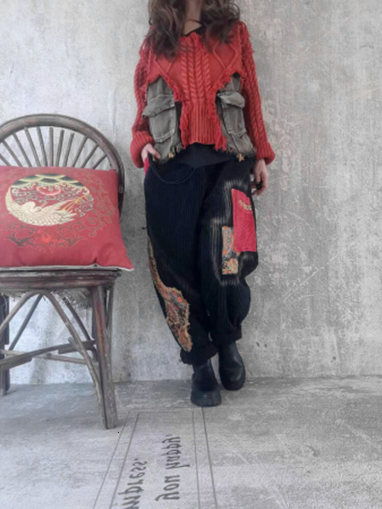 Women Black Green Vintage Denim Knitted Splice Pullover Fashion Classic Irregular Sweater Spring Autumn 2024 Top Lwl303