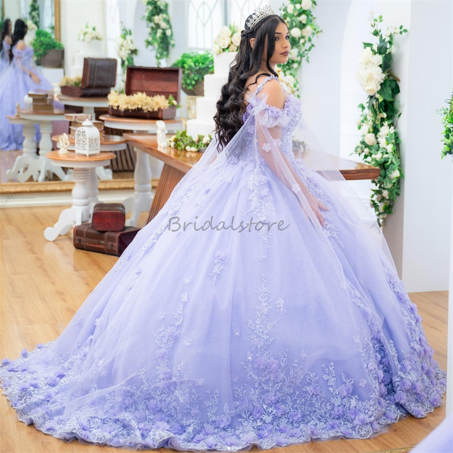 Lavender Lilac Charro Quinceanera Dresses With Cape 2025 Elegant Spaghetti Straps 3D Florals Vestidos De 15 Anos Princess Appliques Lace Sweet 16 Dres