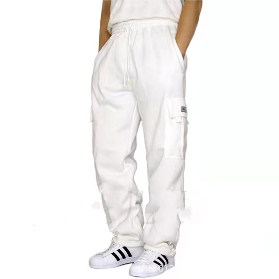 2024 new sports and leisure pants with velvet bundle feet multiple pockets tie rope men's loose work clothes pants