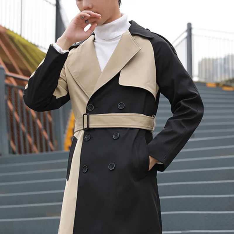 Autumn Windbreaker fashion double chest long jacket mens streetwear comparison stitching mens Abrigo Hombre trench coat mens W241007