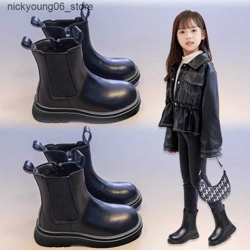 Boots Childrens shoes Quality leather British style boots Girls Ankle Boots Kids Comfortable Slip on Lug Sole Chelsea Booties L240910