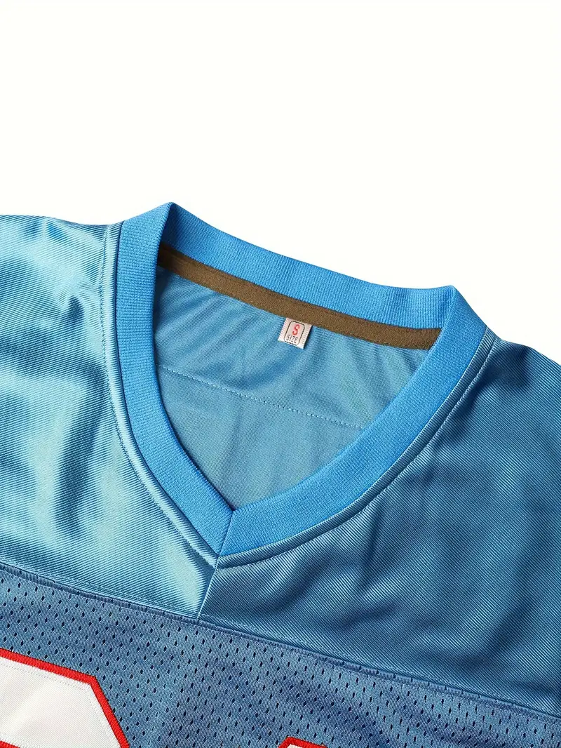 #34 Earl Campbell Comfy V-Neck Football Jersey Light Blue Mesh Embroidery for Training and Competition Breathable Moisture-Wicking American Football S