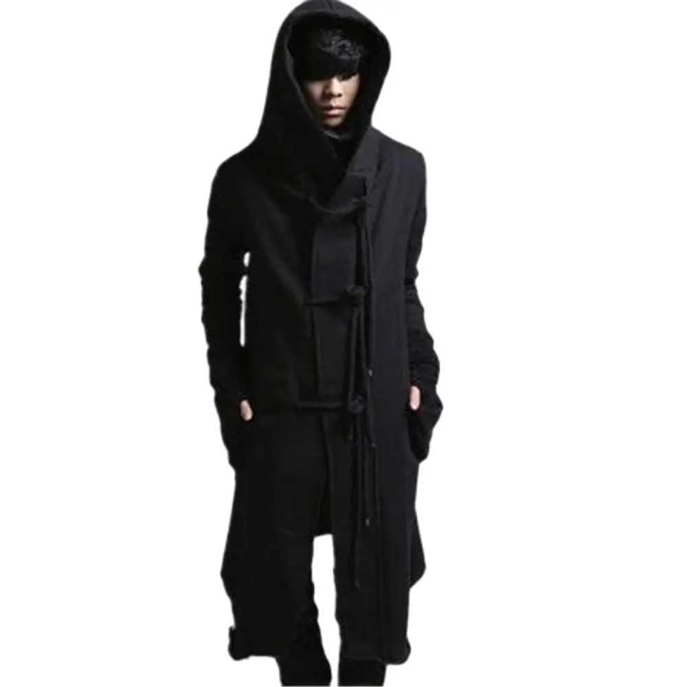 Autumn/Winter Mens Punk Hip Hop Slimming Long Trench Coat Hoodie Cardigan Mens Linen Rope Design Gothic Jacket Coat W241007