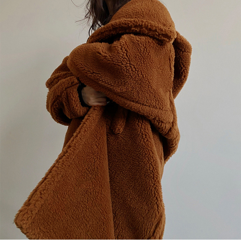 Long Sleeves Faux Lamb Fur Coat Women Winter Hooded Plush Teddy Female Oversized Fluffy Jacket Ladies Thick Warm Overcoat