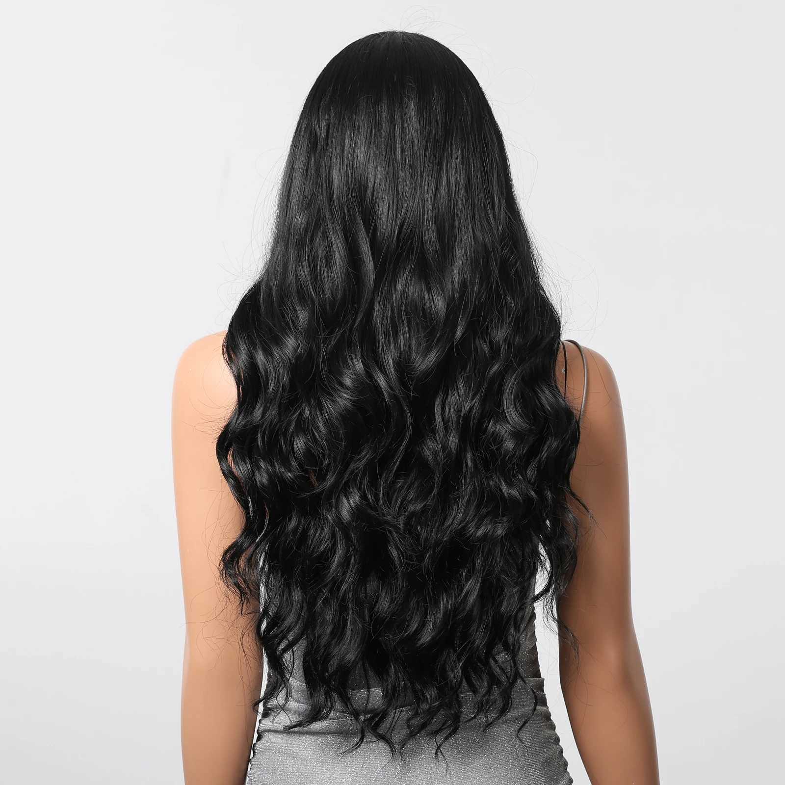 Black Brunette Wigs Long Curly Wavy Synthetic with Bangs Natural Party Daily Wig Hair for White Women Girls Heat Resistant FiberXJ241008