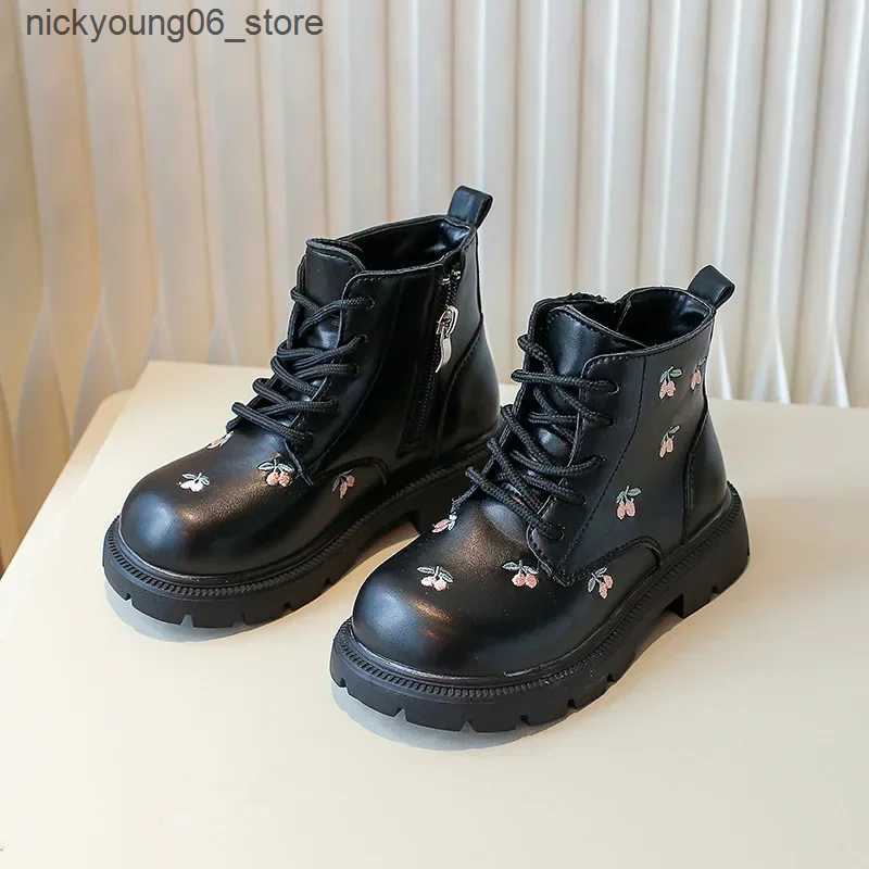 Boots Childrens Autumn Boots Fashion Black Ankle Boots for Girl PU Leather Elegant Embroidery Flower Causal Kids Shoes Side Zipper L240910