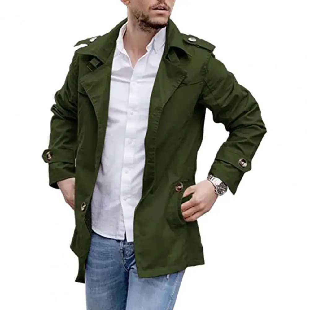 Mens Trench Coat Regular Fit Jacket Fashionable Mens Medium Length Trench Coat Windproof Casual Street Wear Jacket with Collar Suitable for Autumn W24