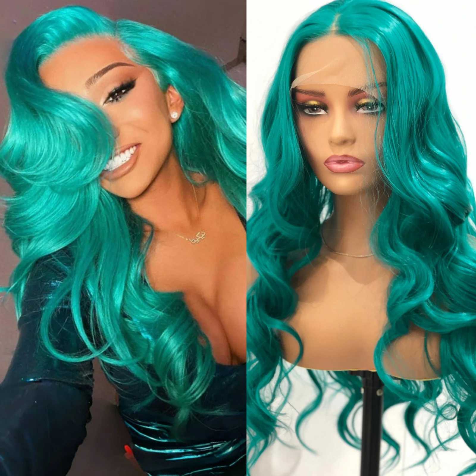 Teal Green Wig Synthetic Lace Wig Loose Body Wave Long Green Lace Front Wig Glueless Long Wavy Hair Frontal Lace Wigs for WomenXJ241008