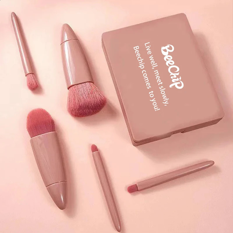 5-piece portable cosmetic brush travel with mirror box cosmetic brush set loose brush powder blusher brush eye shadow brush 241008