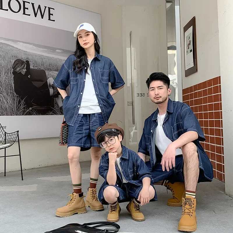 Family Matching Outfits Mom and Son Set Dad Daughter Equal Clothes Fashion Summer Childrens Denim Shirts Top+shorts Jeans SuitXJ241008