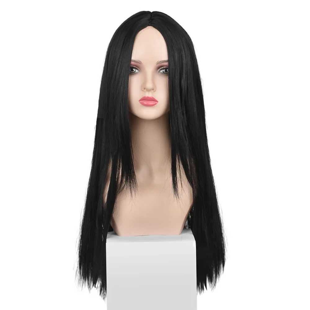 Long Straight Wig 27 Inch Black Wig Center-parted With High Lights Synthetic Hair Wigs for Black Women Daily UseXJ241008