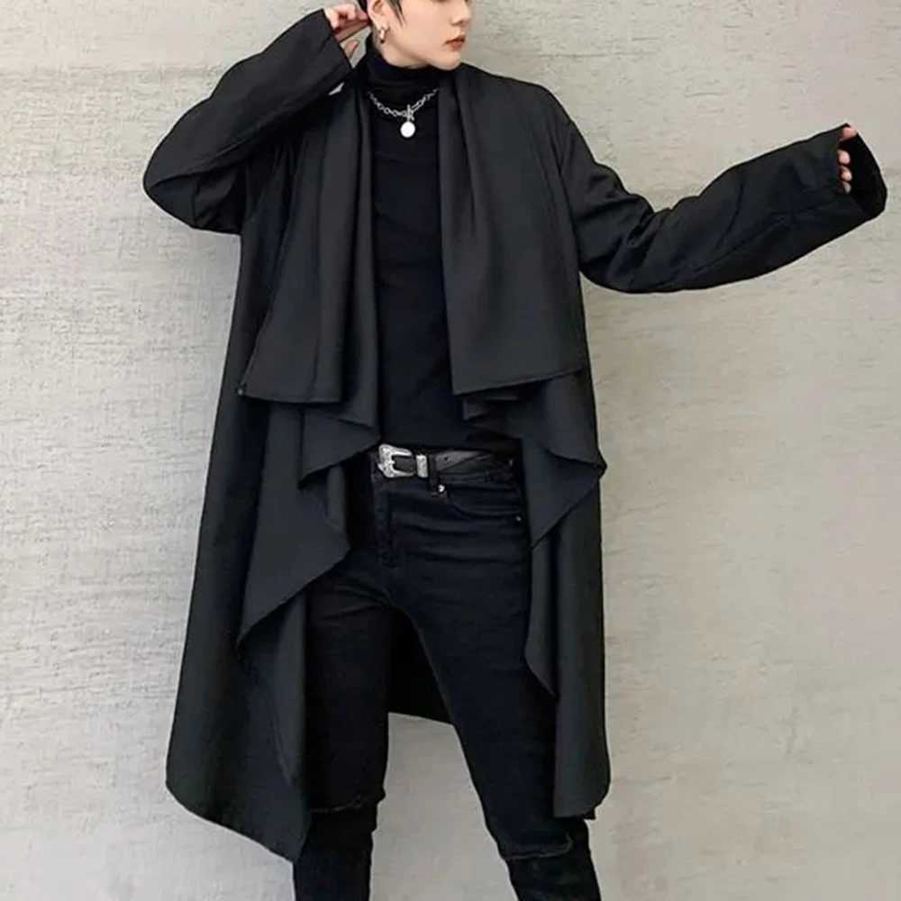 Mens outerwear long sleeved scarf collar raincoat pure cotton jacket retro irregular jacket mens streetwear W24100710