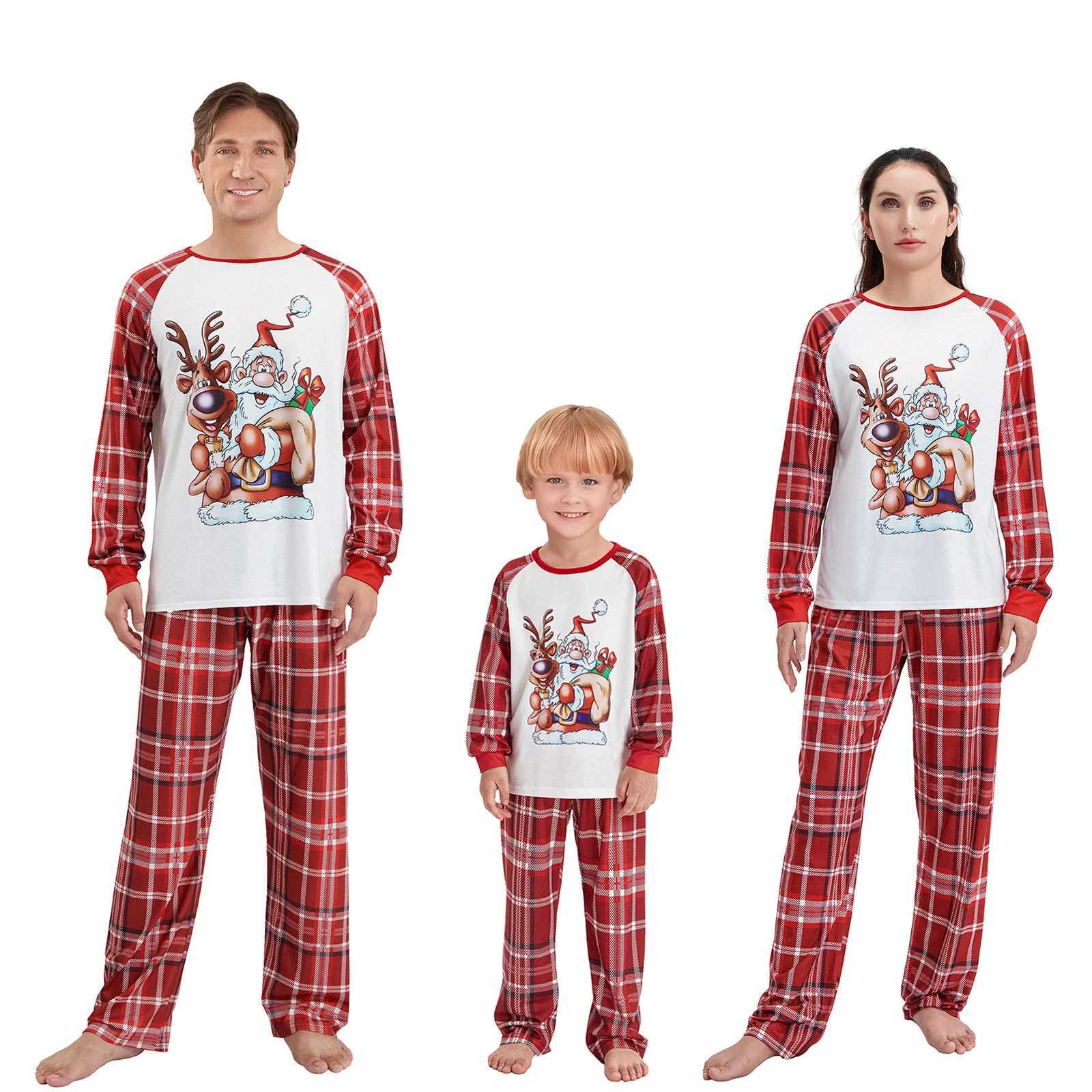 Family matching Christmas pajamas deer Santa Claus printed long sleeved top+checkered pattern Trouser pajamas set W241008