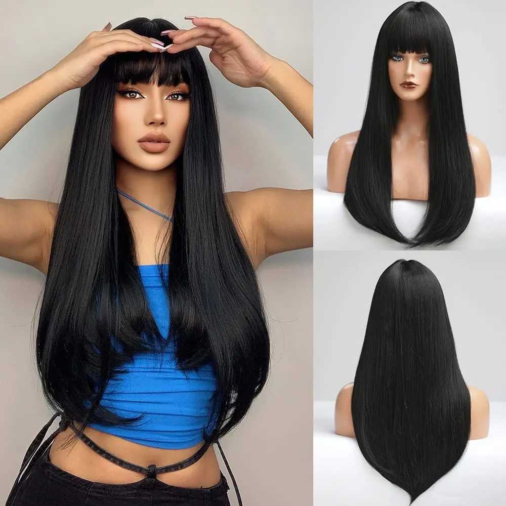 28-Inch Black Wig Long Straight Hair With Natural Fluffy Bangs Womens Synthetic Fiber Synthetic Everyday Party Cosplay WigXJ241008
