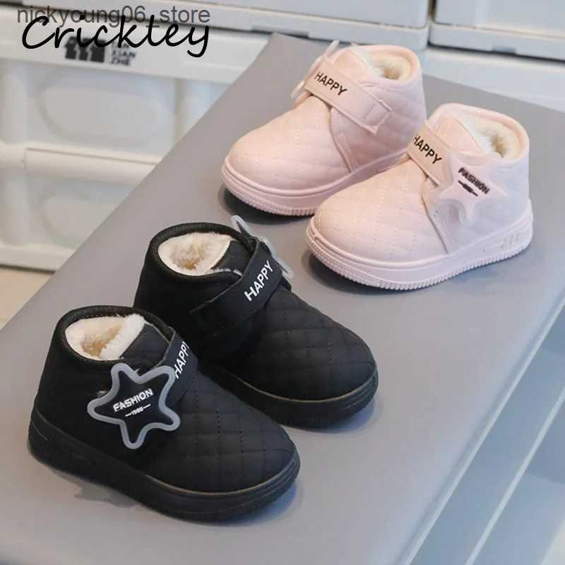 Boots Winter Plush Warm Boys Girls Snow Boots Star Solid PU Hook Loop Kids Cotton Shoes Soft Anti Slip Toddler Children Ankle Boots L240910