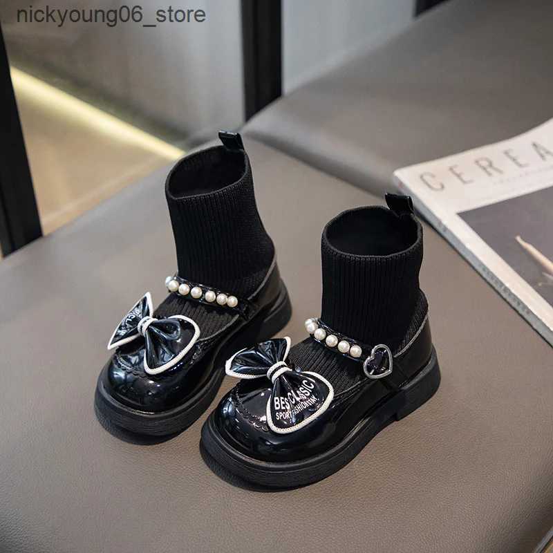 Boots Girls Socks Boots Kids Ankle Boots with Bow-knot Fashion Elegant Glossy UK Uniform Children School Princess Boots Anti-Slippery L240910