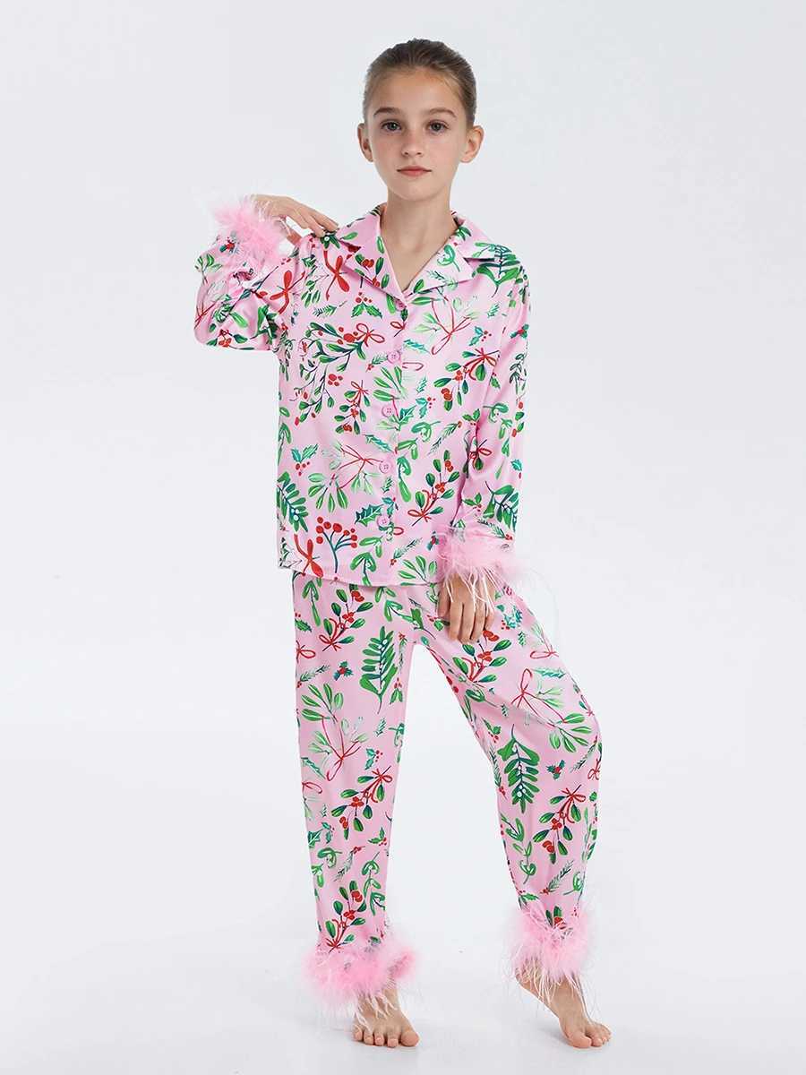 Mom and I Christmas pajama set with feather decoration 2 pieces of pajamas Pjs baby girl lounge pajamas W241008