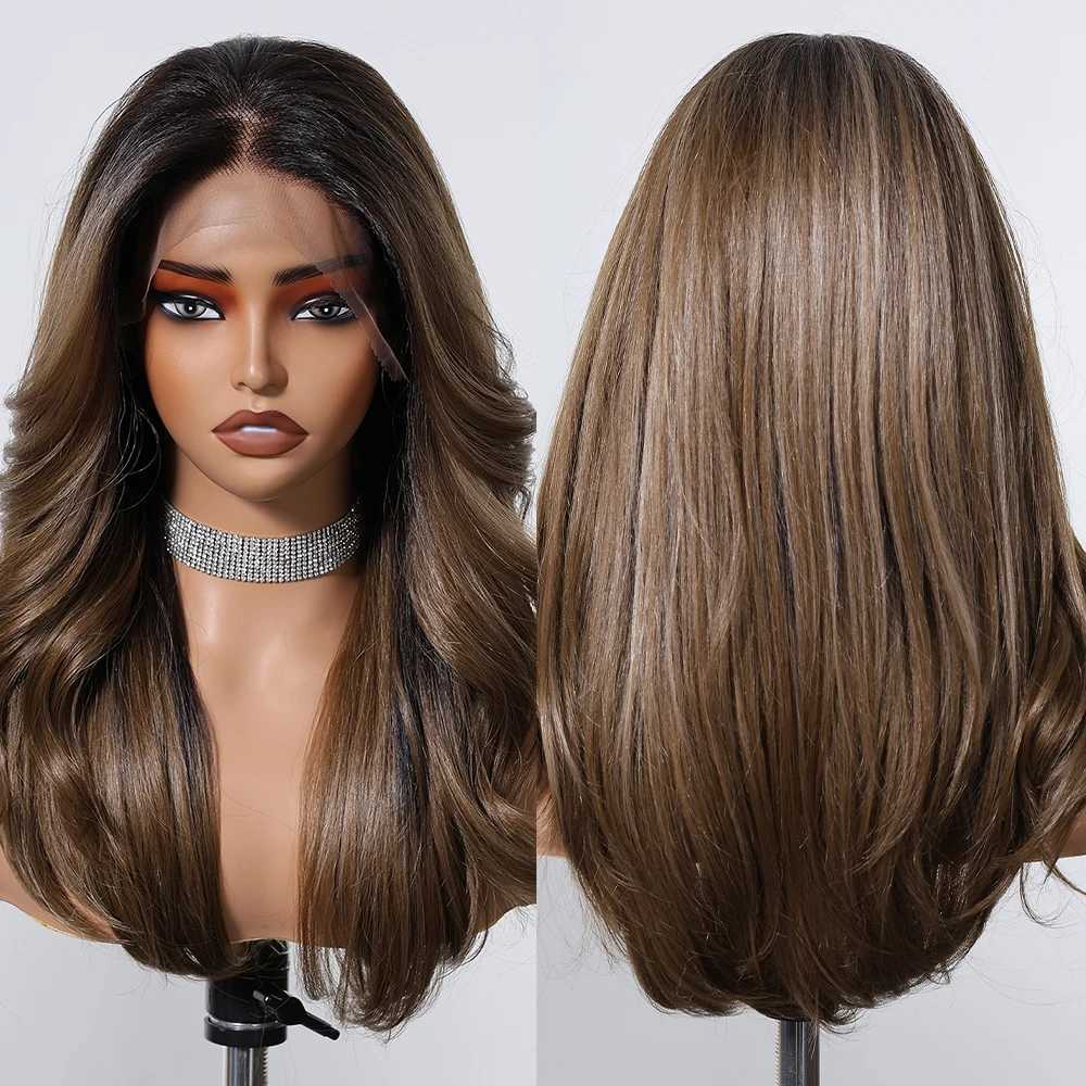 Long Body Wave Synthetic Wigs 13*6 Transparent Lace Frontal Wig Pre Plucked Black Brown Highlight Loose Wave Wig for Afro WomenXJ241008
