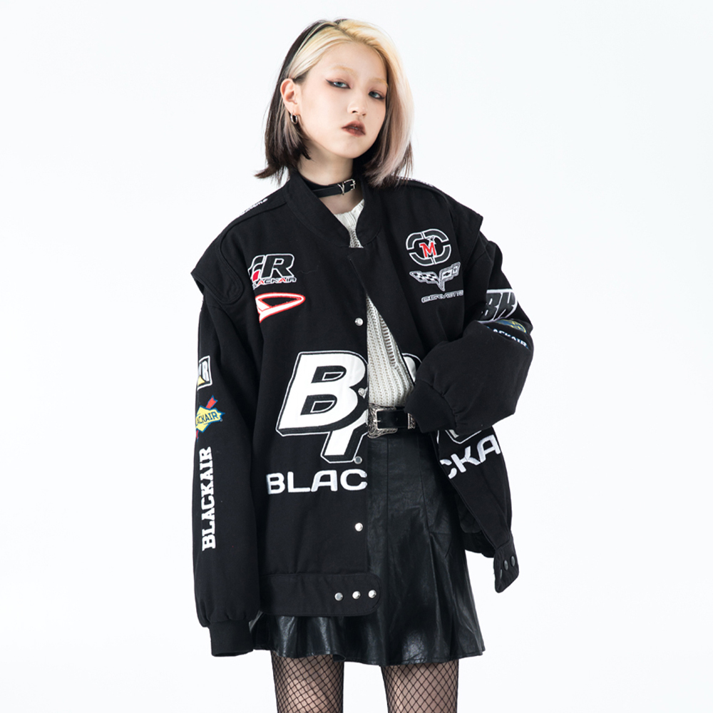 BLACK AIR Racing Streetwear Men Winter Jacket Colour Block Hip Hop Y2k Loose Baseball Clothing Thin Jk01-1