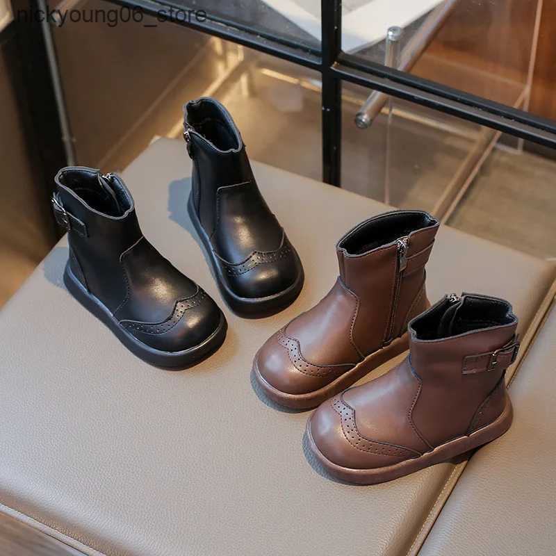 Boots British Style Girl Winter Boots Solid Color Causal Children Leather Boots Warm Plush Kids Fashion Cotton Boots Ankle Versatile L240910