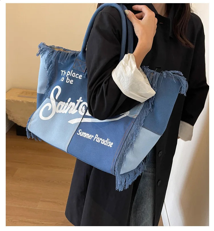 Womens Travel Handbag Large Capacity Shoulder Bag Handmade Satin Denim Printed Letter Splicing w240926