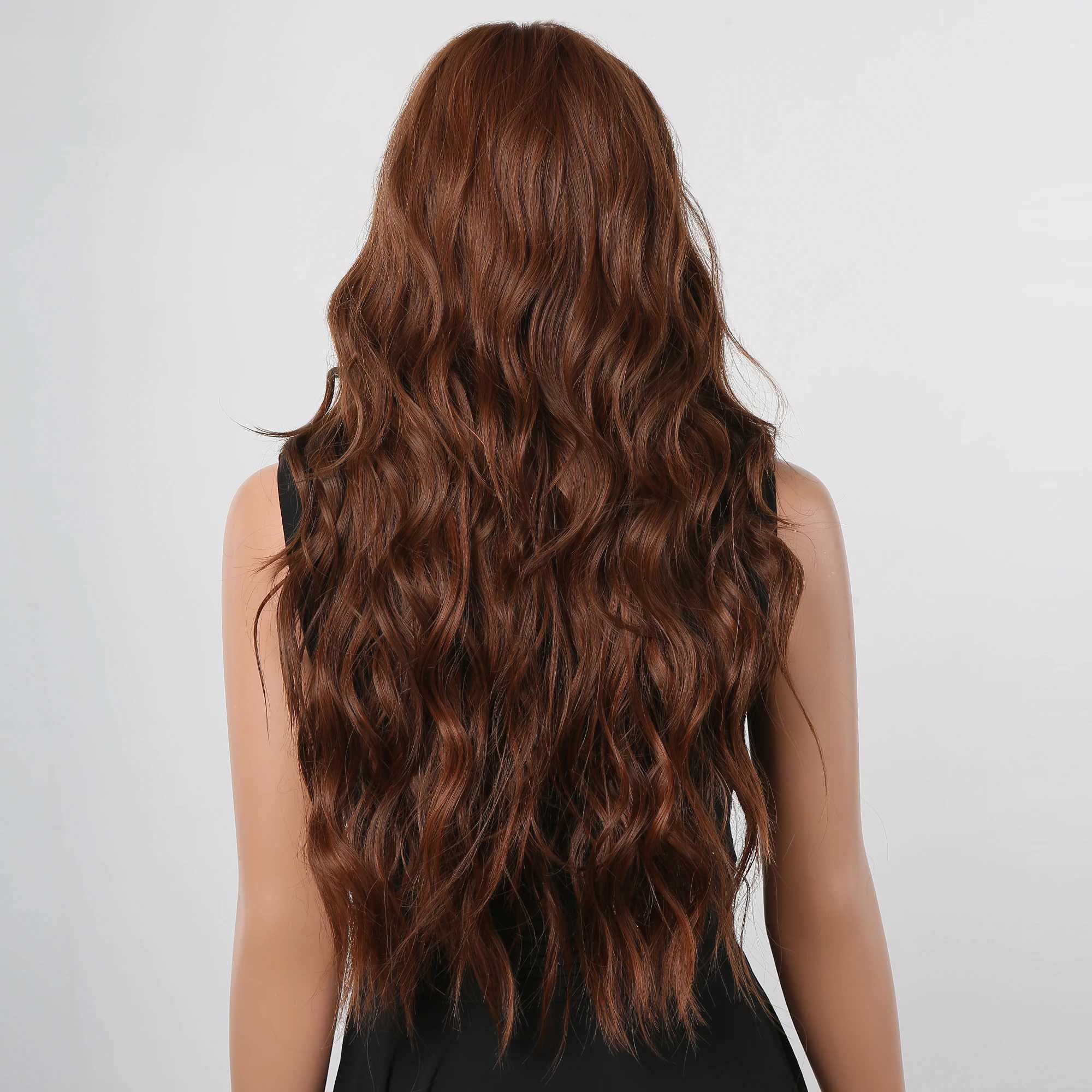 Long Wavy Chocolate Brown Synthetic Wigs for Women Natural Wave Curly Women Wigs With Bangs Daily Party Heat Resistant Fiber WigXJ241008