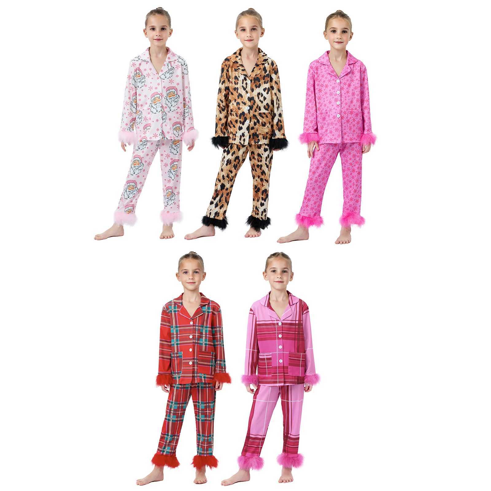Christmas Family Matching Pajamas New Years Christmas Mother Children Panther/Plaid/Santa Claus Printed Feather Decoration Shirt Pants Pajamas W241008