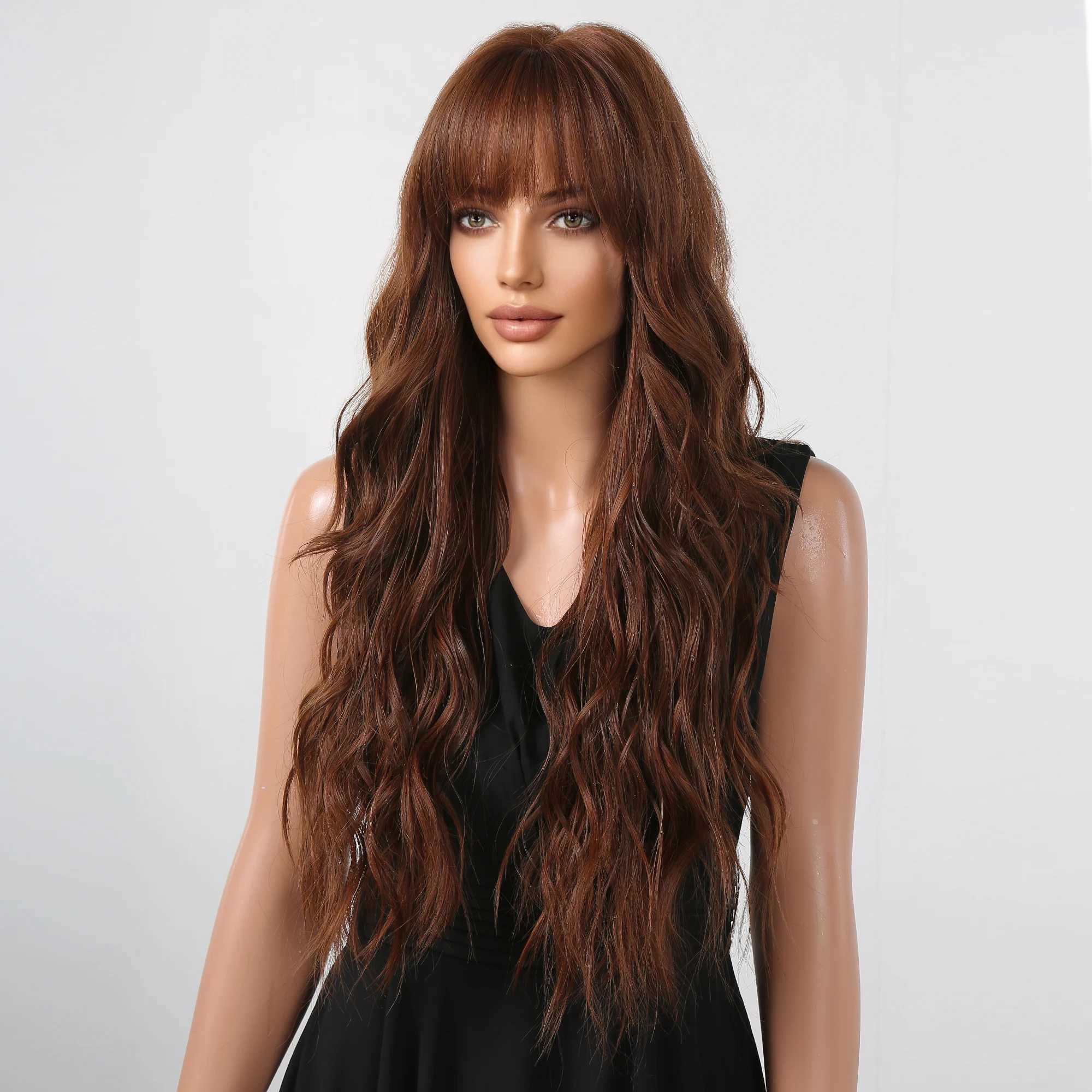 Long Wavy Chocolate Brown Synthetic Wigs for Women Natural Wave Curly Women Wigs With Bangs Daily Party Heat Resistant Fiber WigXJ241008