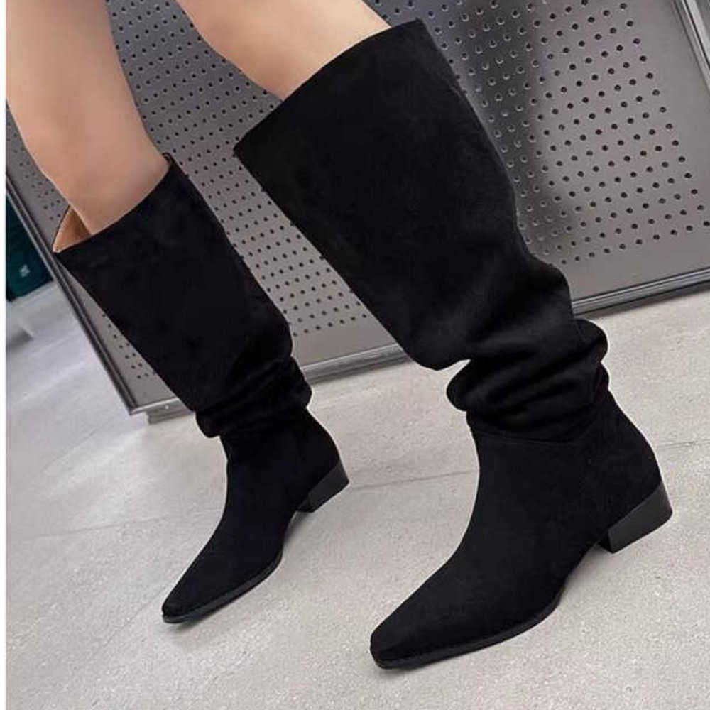 Pile Up Martin Boots Square Toe Thick Fashion Boots Knees Long Tube Boots Womens Knight Boots Slim Tall Western Cowboy Boots 240826