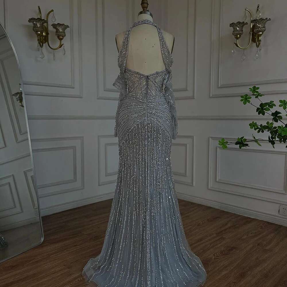 Serene Hill 2024 Arabic Gray Decorative Halter Mermaid Dubai Evening Gown Beaded Dress for Women's Party DLA72651