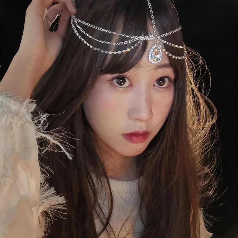 Crystal front eyebrow pendant headwear European and American bride waterdrop headband chain Bohemian country headband styling tool W241007