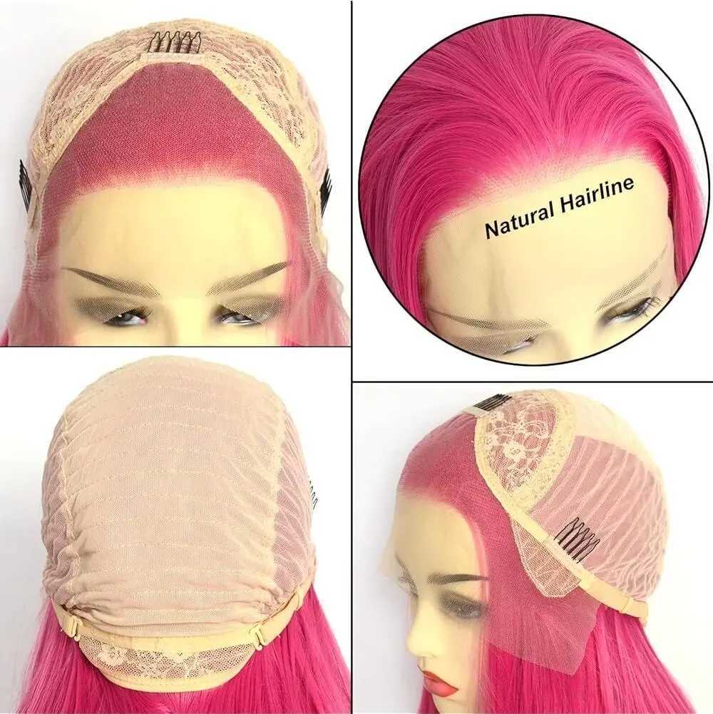 Rose Pink Straight Synthetic Lace Wig Glueless Wigs For Women Natural Hairline Daily Wear Long Pink Wig Cosplay Part Front HairXJ241008
