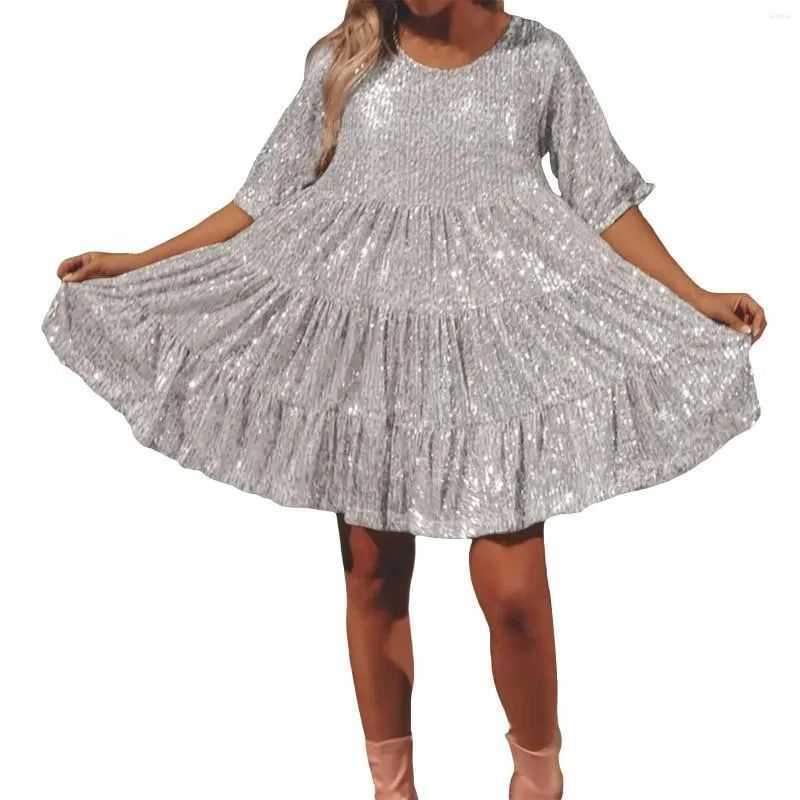 Casual Dresses Spring Summer New Glitter Dress Half Sleeve Round Neck Ruffle Loose Dress Urban Sexy Dresses 240924