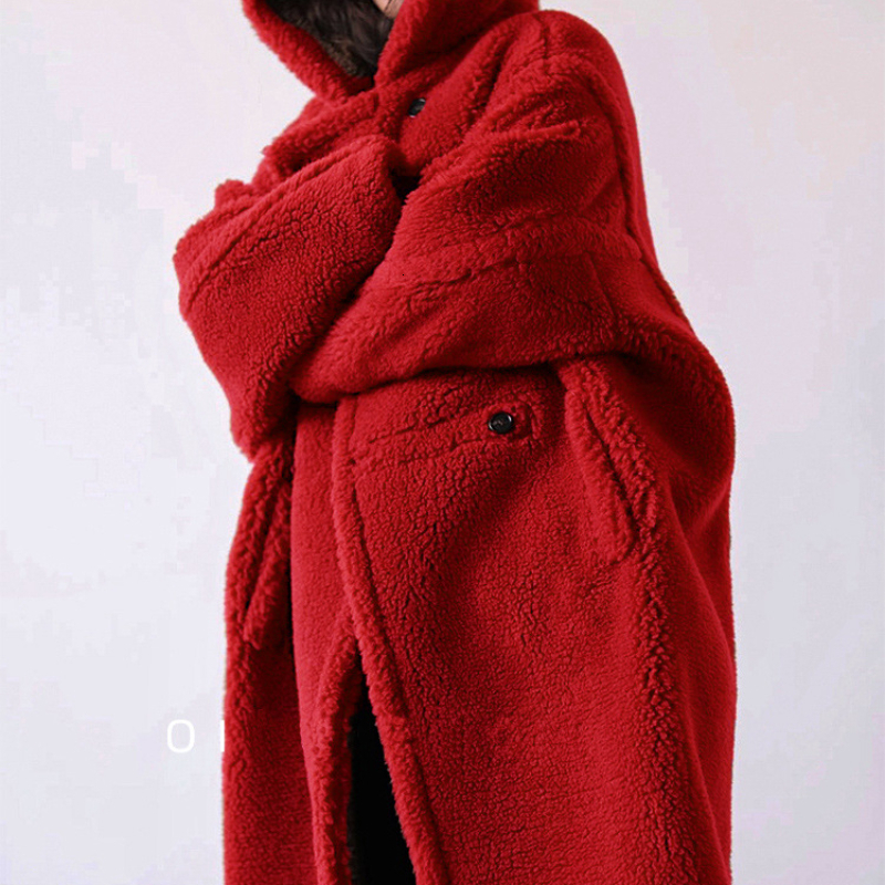 Long Sleeves Faux Lamb Fur Coat Women Winter Hooded Plush Teddy Female Oversized Fluffy Jacket Ladies Thick Warm Overcoat