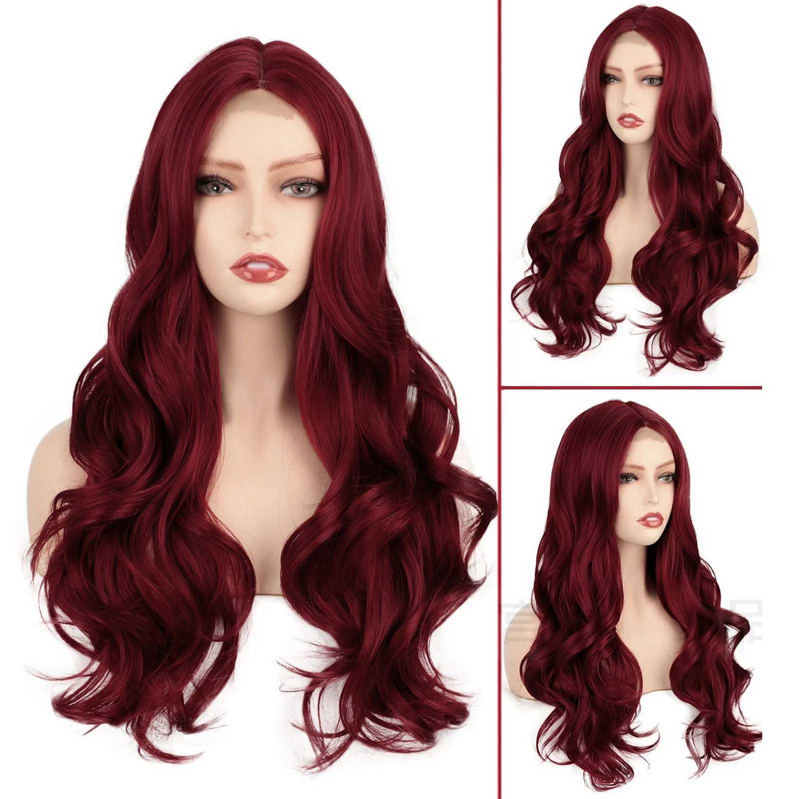 Long Wine Red Lace Front Wig For Women Middle Parts Long Wavy Human Hair Wig With Lace Front Wig Caps Lace Front Wigs for WomenXJ241008