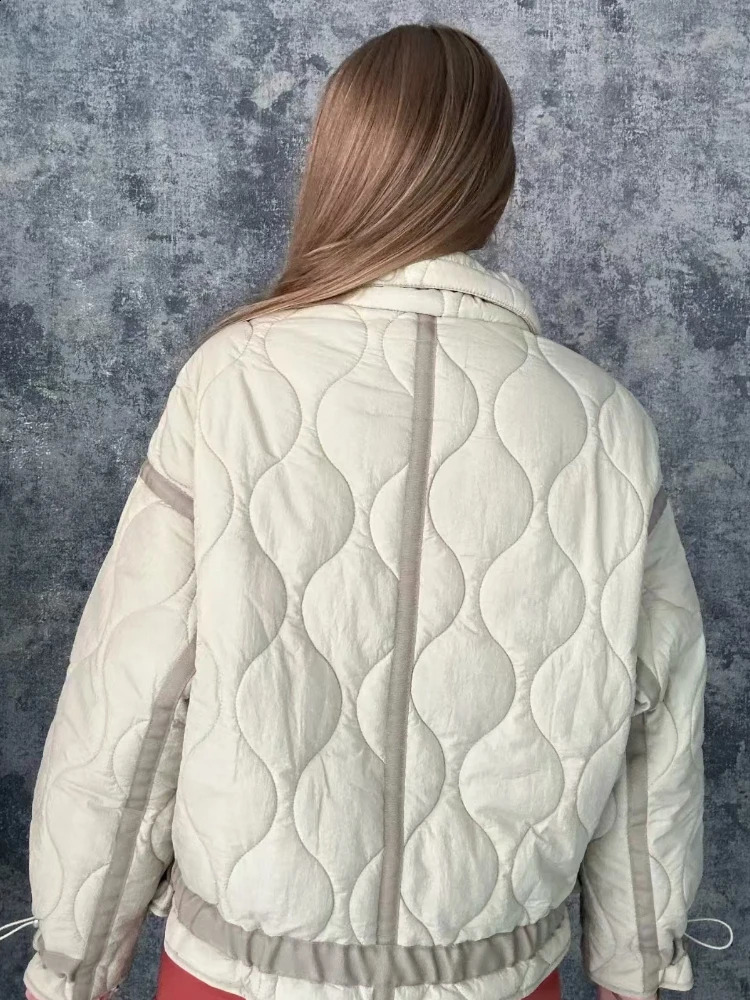 ZBZA Women Color Matching Jacket Quilted High Neck Long Sleeves Invisible Zip Button Big Pocket Warm Outerwear Winter Lady Coat 241007