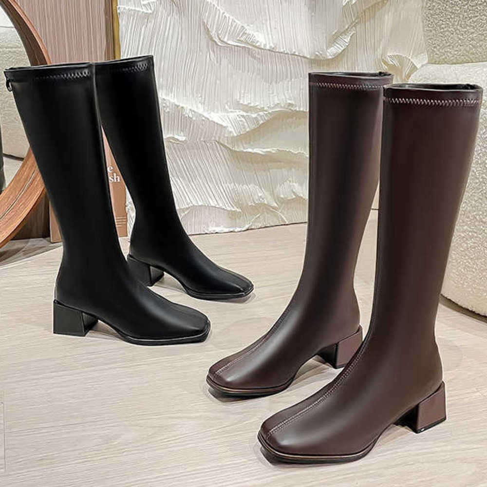 Leather Elastic Martin Boots For Women Square Toe Thick Heel Long Tube Boots For Women Zipper Back Slimmer The Knee Knight Boots 240826