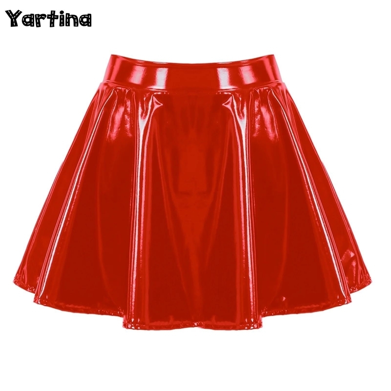 Womens Glossy Latex Patent Leather Wet Look Flared Pleated Mini Skater Skirts Casual Aline Short Clubwear y240924