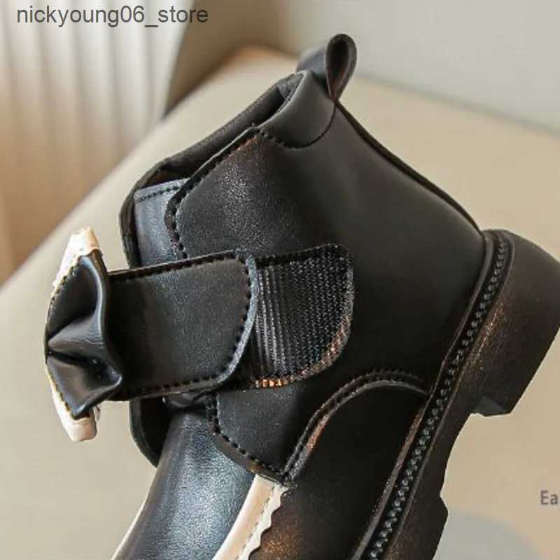 Boots Autumn Winter Bow Girls Princess Boots PU Leather Warm Soft Kids Fashion Boots Plush Hook Loop Non Slip Children Ankle Shoes L240910