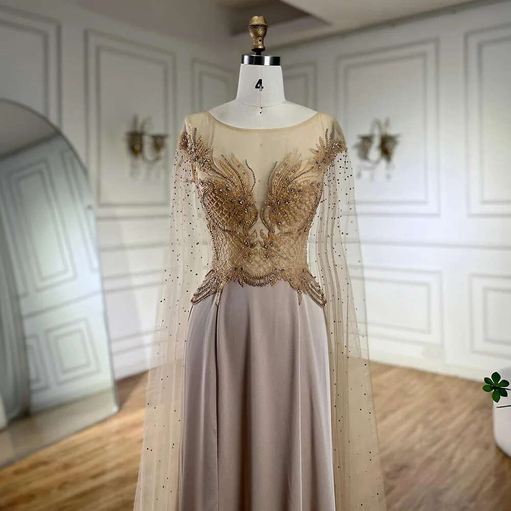Serene Hill 2024 Cape Sleeves Satin A e Lace Beaded Dubai Evening Dresses Gowns For Formal Ocn LA72702