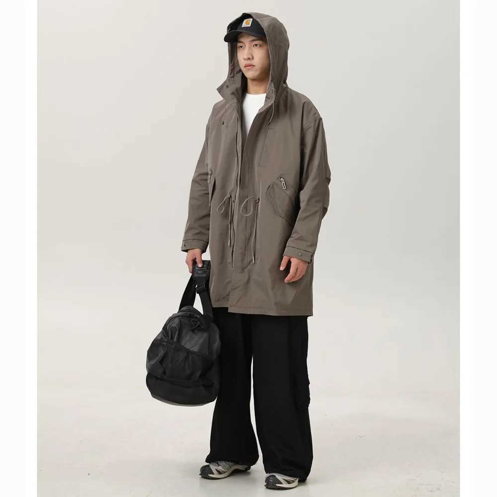 Mens Japanese Korean streetwear loose casual long hooded trench coat mens Amikaji cargo cloak jacket trench coat W241007