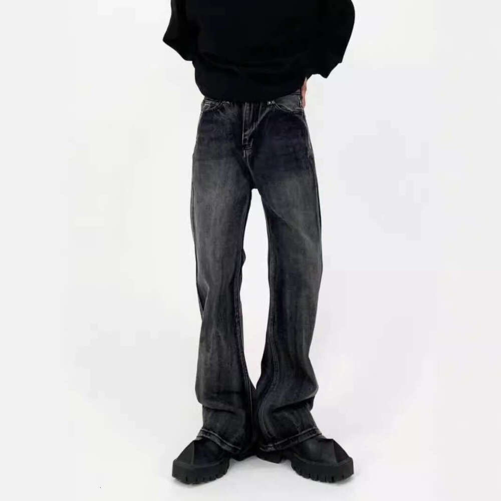 Korean INS Premium Jeans Men's Loose Straight Leg Retro Distressed Gray Pants With A Hanging Feeling And Wide Legs, Floor Length Pants
