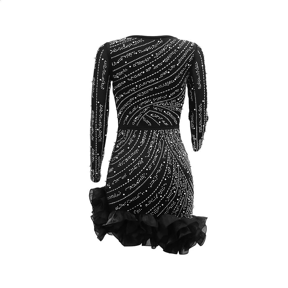 Long Sleeve V Neck Transparent Club Dress Sexy Glittering Diamonds Women Party Birthday Bodycon Mini Dresses Vestidos 241126